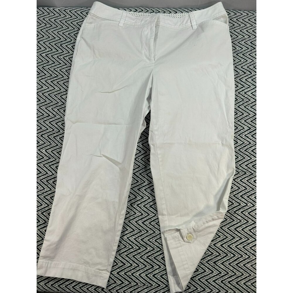 Talbots Women's White Capri Pants Button Hem Detail Size 12P Polka Dot Lining